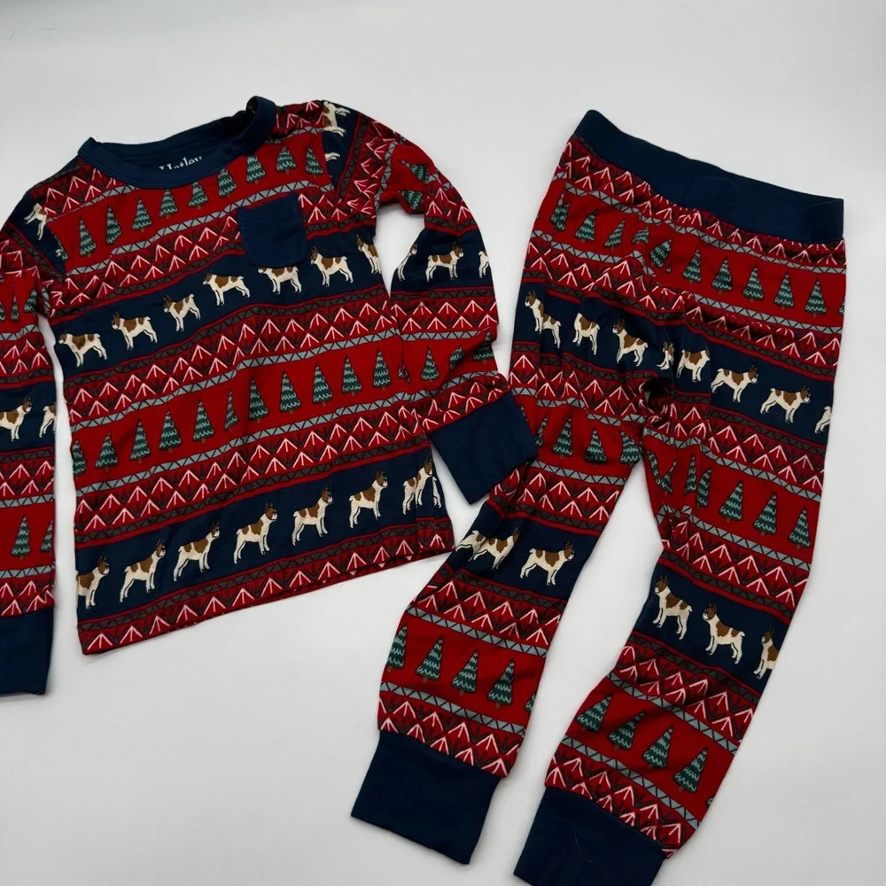 Hatley Bamboo Red/Navy Festive Frenchie Bulldog Dog Kids‎ Pajama Set, 3